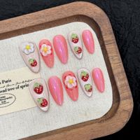 10pcs Handmade Almond Press on Nails Aurora Pink 3D Strawberry Flower Fake Nail Tips Women Wearable Reusable French False Nails