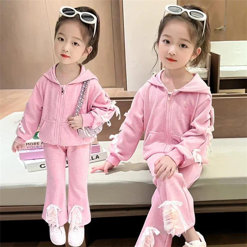 Girl's Clothes Sets Children's Bow Suit Autumn Kids Hooded Coat Flared Trousers 2 Pcs Spring New Teen Sweet Fashion Outfits