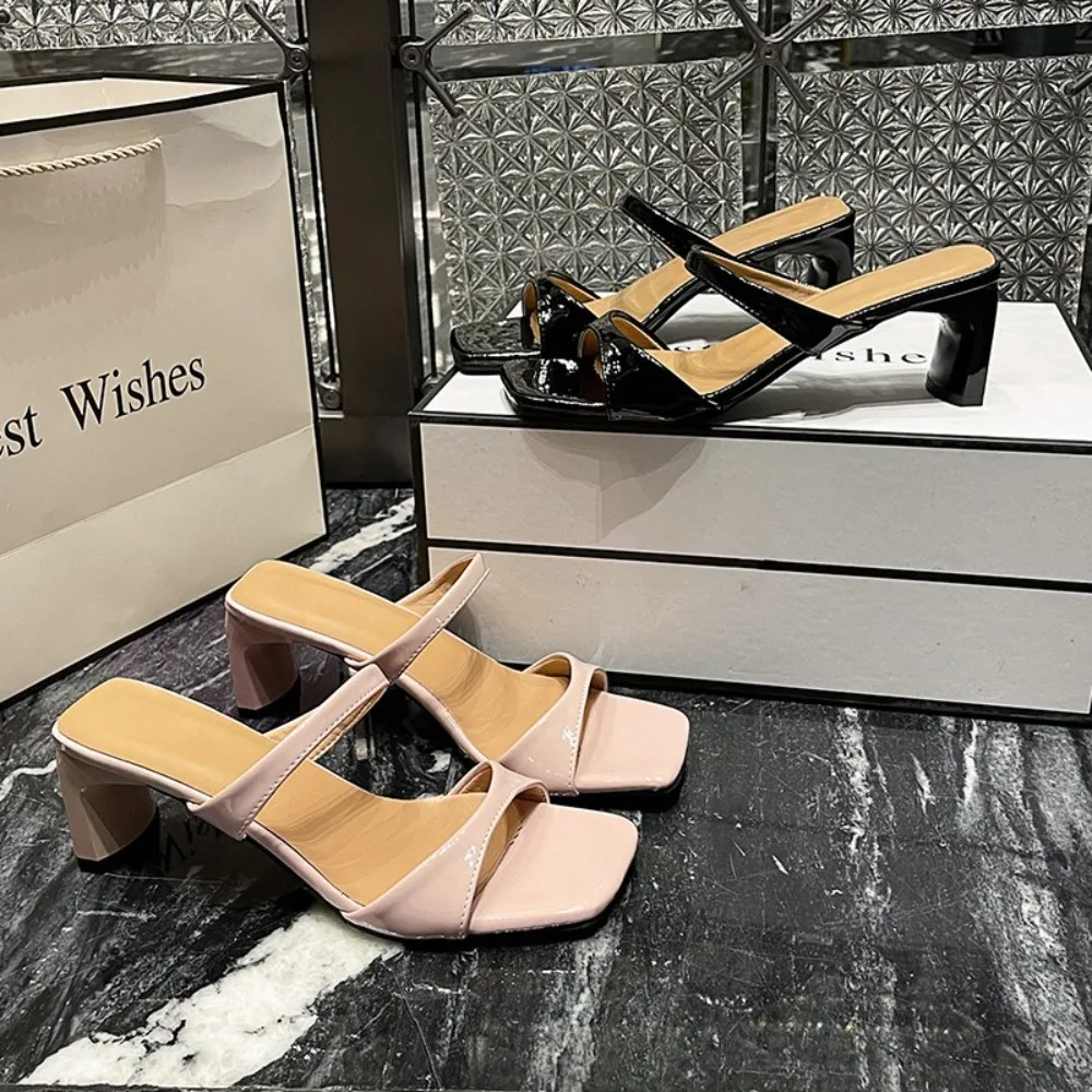 Summer New Fashion Open Toe Solid Color Simple Leather Surface Versatile Candy Color Large Slippers Square Heel Shoes Women