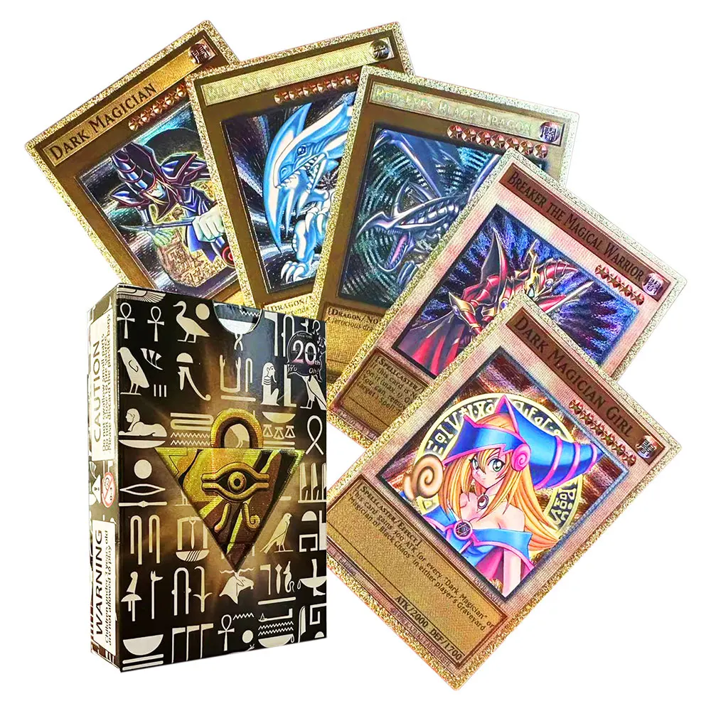 

55pcs Golden Foil Plastic Yu Gi Oh Anime Cards in English Blue Eyes Exodia Obelisk Slifer Ra Yugioh Classic Proxy Card kids