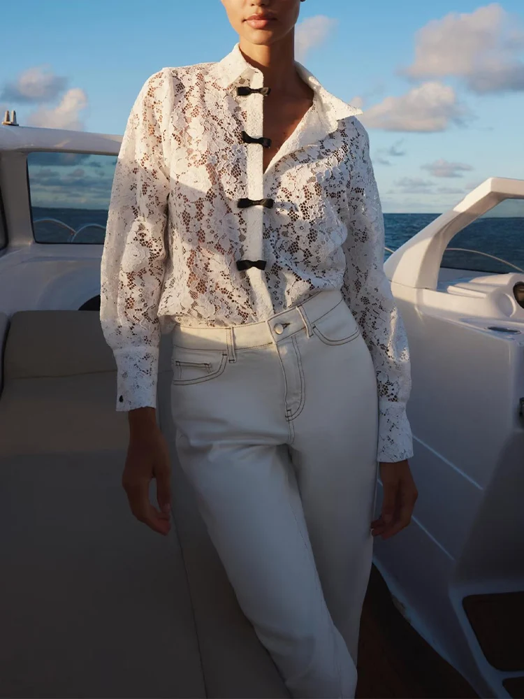 

European and American style 2025 winter new women's clothing casual simple turn-down collar long sleeve bow lace shirt