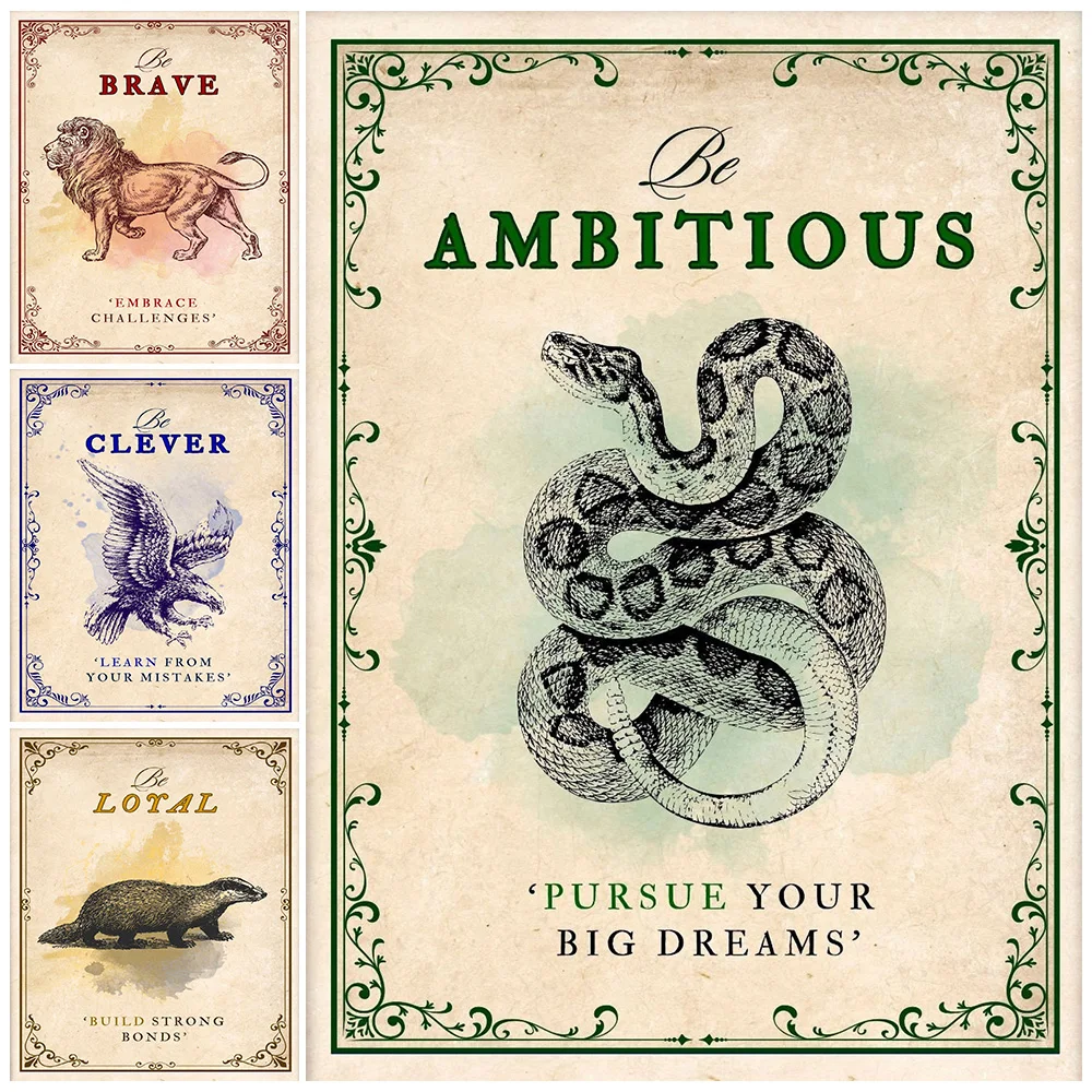 

Loyalty,Wisdom,Ambition,Courage Magic World Gifts Wall Art Canvas Painting Vintage Wizard School Art Poster And Print Home Decor