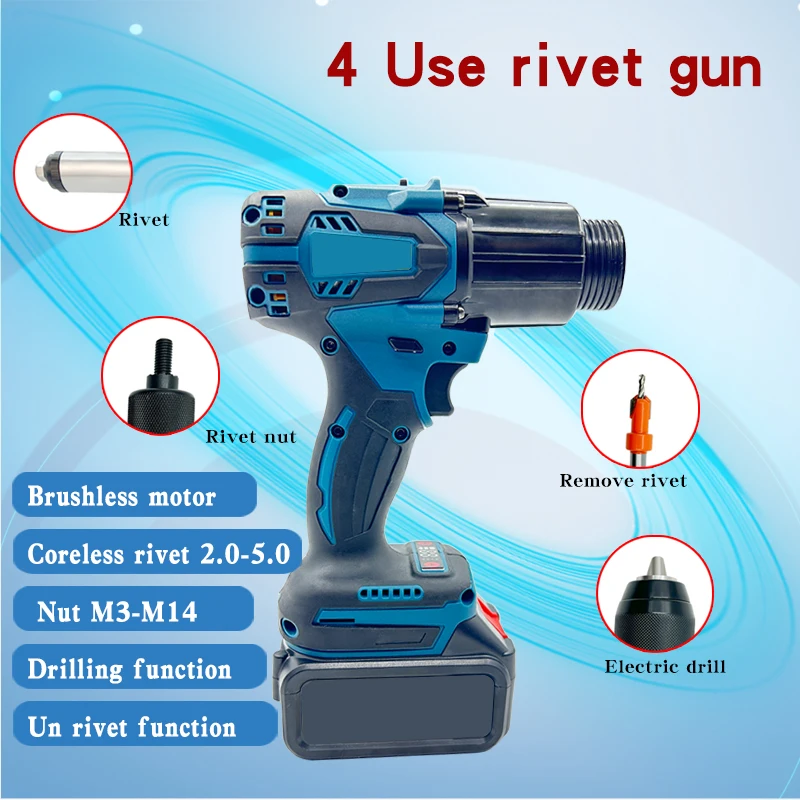 Пистолет для заклепок 4-в-1 с литиевым питанием Многофункциональный клепальный инструмент Саморезной пистолет с литиевым питанием