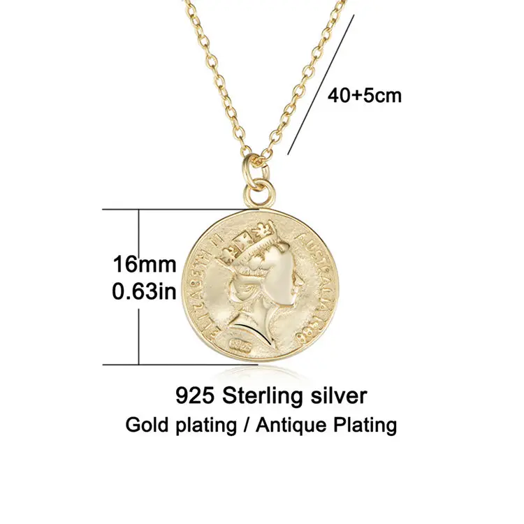 Fulsun High quality Antique jewelry collar gold plated queen elizabeth coin pendant necklace