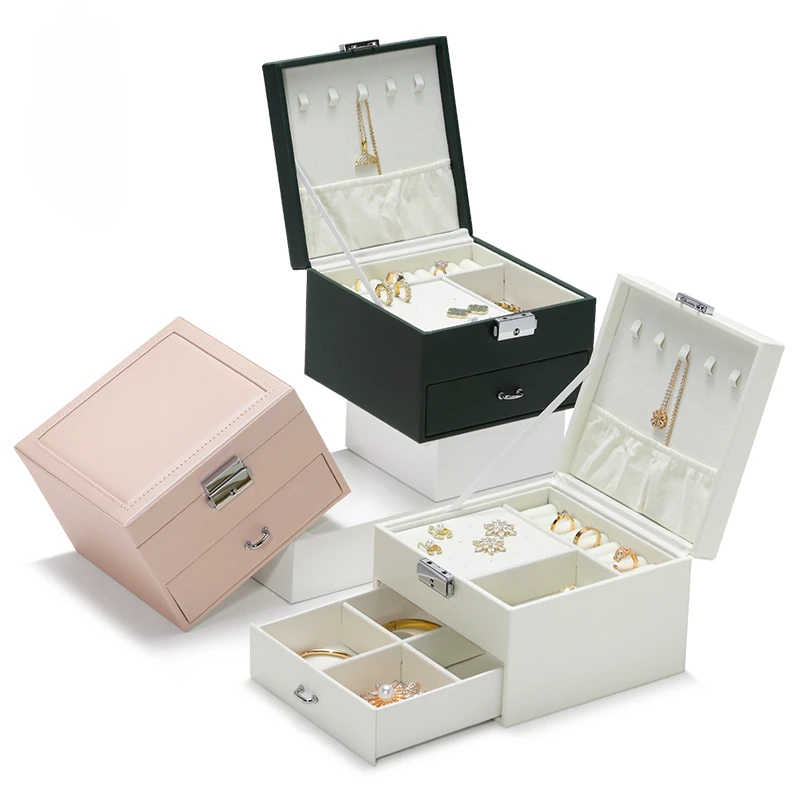 New double-layer jewelry storage box portable gold necklace ring earrings jewelry box high-end jewelry box