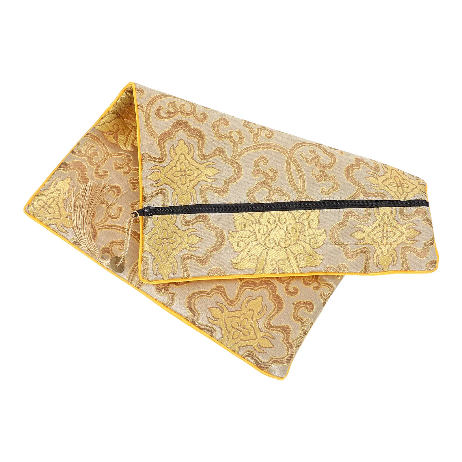 Buddhist Scripture Pouch Zippered Compact Cloth Bag Tassel Detail Elegant Design for Scriptures Prayer Books Book Sleeve Carrier