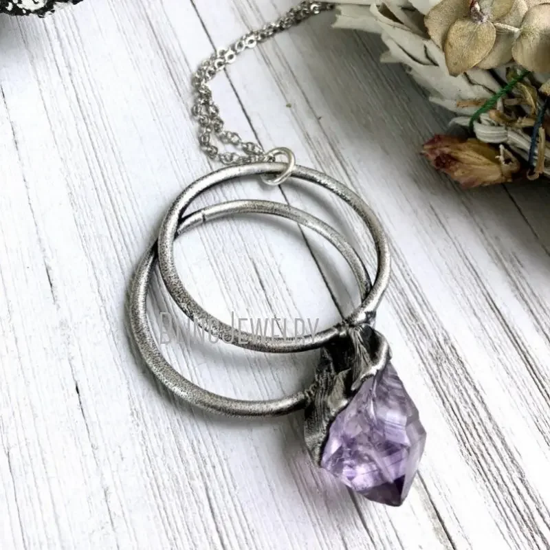 10pcs Raw Amethyst Hoop Crystal Pendant Necklace Silver Plated Stainless Steel Chain Women Witch Wicca Grange Fairy Jewelry