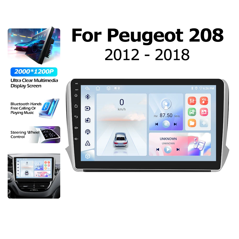 Android 16 2000*1200P Für Peugeot 208 2008 Serie 2012-2018 Kabelloses CarPlay GPS-Navigation Bluetooth Multimedia-Player Auto