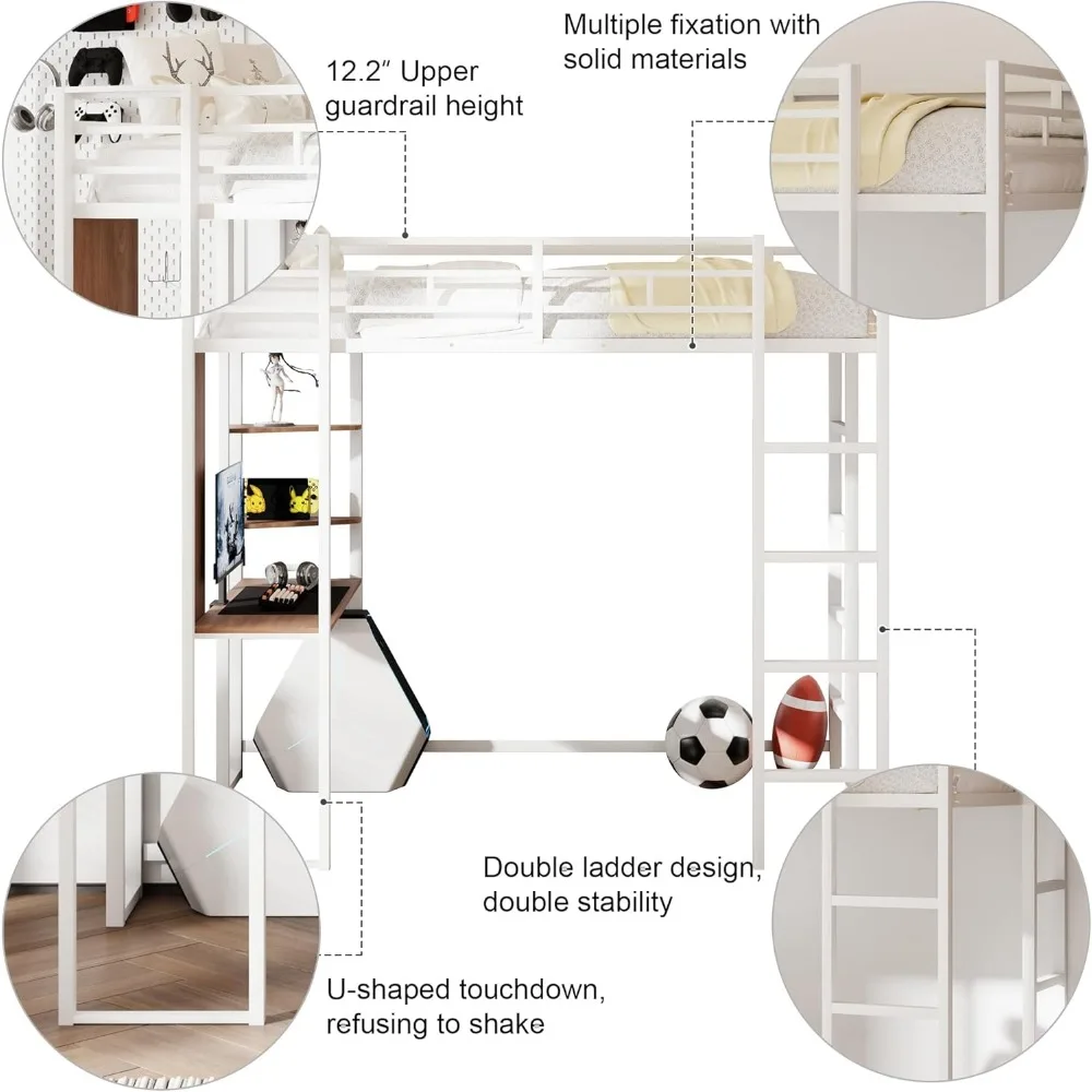 Metal Loft Bed with Helves and Desk, Loft Bed Frame with Built-in Ladders, 12.2/'' H Safety Guardrail,No Box Spring Needed