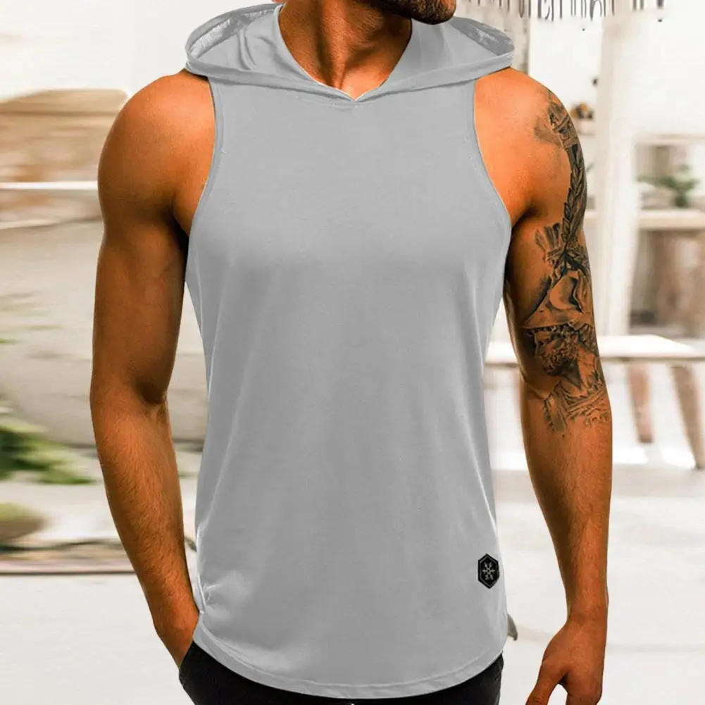 Tank Top for Men Sleeveless Solid Color Sweat Absorption with Hat Quick-drying Polyester Male Sports Vest Fitness Tank Top