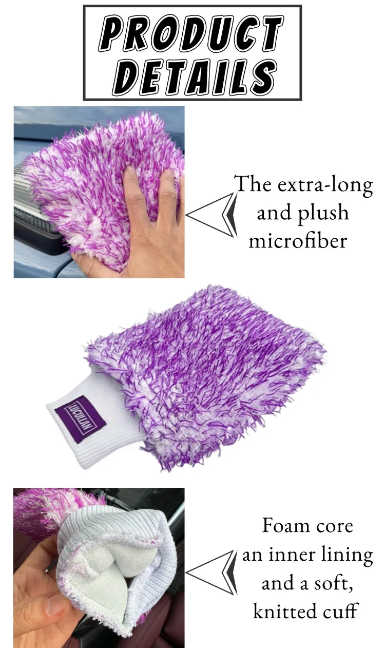 Lucullan Logo Premium Lila Mikrofaser-Handschuh Super Absorbency Foam Stitch Innenfutter Autowaschhandschuh – Detail 3