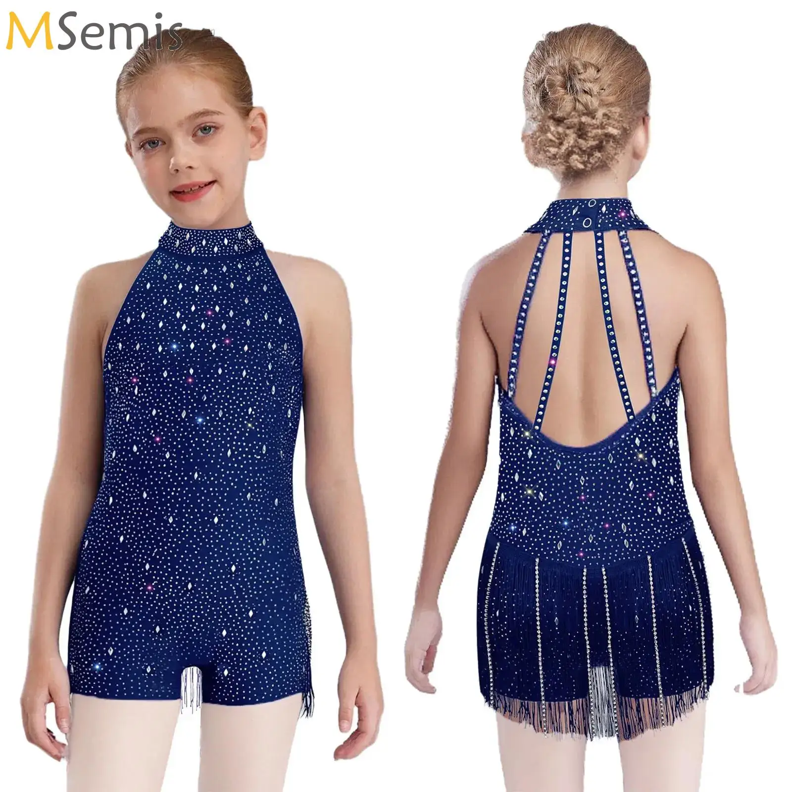 

Kids Girls Rhinestones Tassel Ballet Dance Unitard Dress Boyshorts One-Piece Jumpsuit Dancewear for Latin Jazz Stage Performance