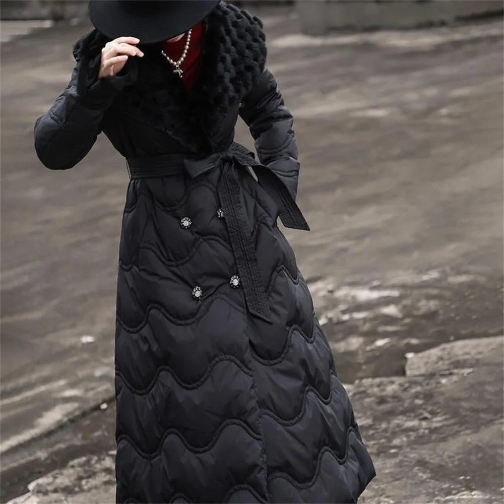 2024New Women's Sweater Collar Cotton-padded Winter Fashion Temperament Socialite Long Belt Waist Duck Down Down Jacket Coat Top