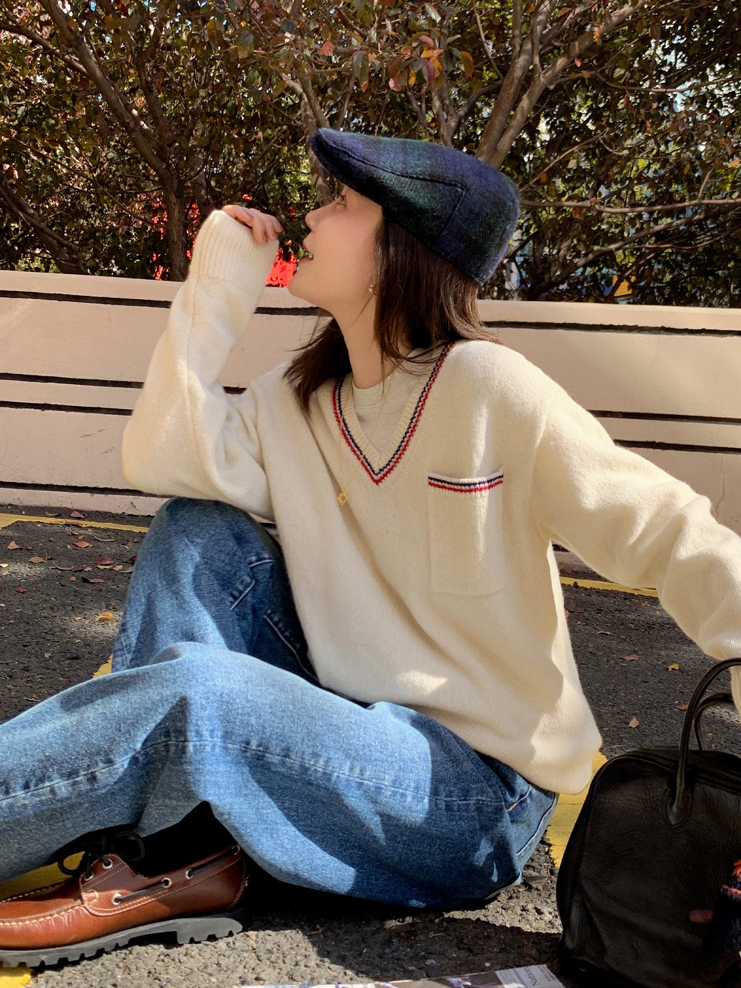 

Ribeelin Sisy V-ne Color Blo Knitted Full Wool Long Sve Loose Slimming Autumn Winter New Sle Women's Top Casual Sle