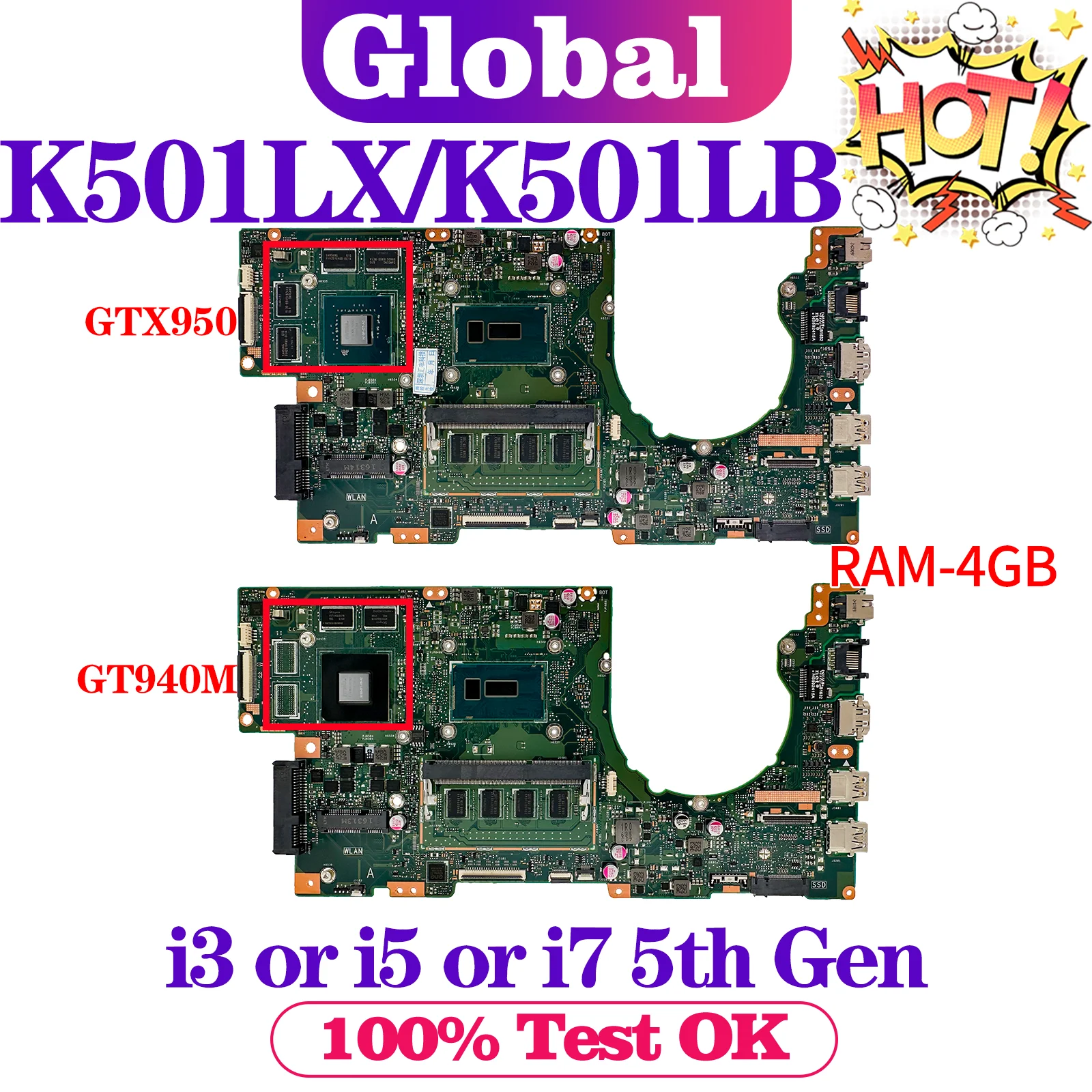 

KEFU K501LX Mainboard For ASUS A501L V505L K501L K501LB K501 Laptop Motherboard i3 i5 i7 5th Gen 4GB-RAM GTX950M GT940M