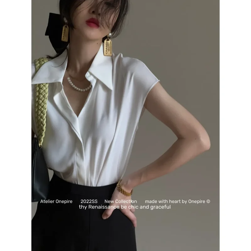 

Summer Girls' Imitation Acetate Satin Lapel Thin Short-sleeved Sleeveless Shirt