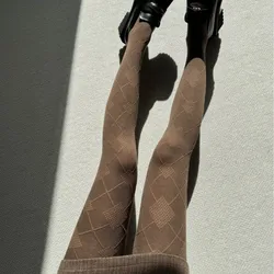 Retro British Style Size Diamond Grid Hottie Sexy Pantyhose Comfortable Cotton 3D Grain Personality Grey Tights