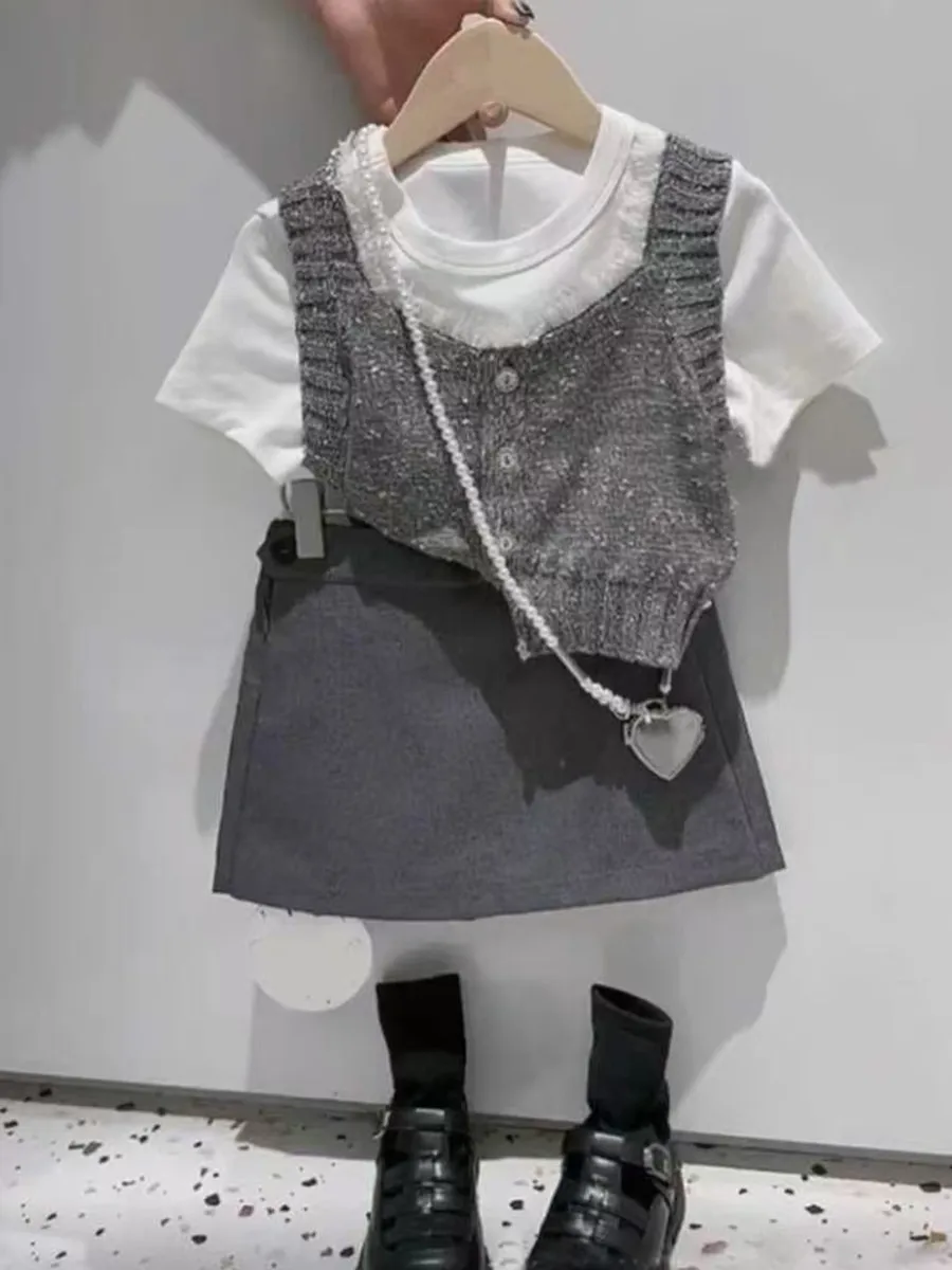 

Girls' Set Spring and Summer Children's Fashion Knitted Vest Short Sleeve T-shirt Short Skirt Three -Piece Set Kids Outfits