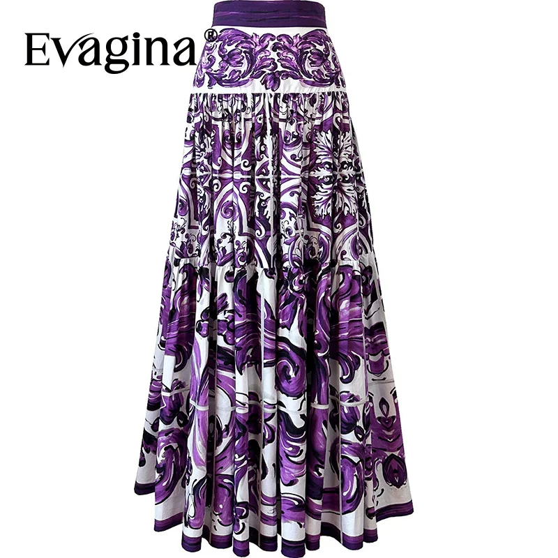 Evagina 2025 Otoño e Invierno Falda con volantes de viaje en la playa con estampado de cerámica púrpura Falda de cintura alta de algodón
