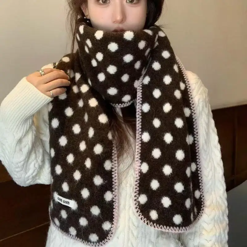 

Двусторонний шарф в корейском стиле с цветными блоками в горошек для женщин, модные теплые утолщенные пушистые вязаные шарфы