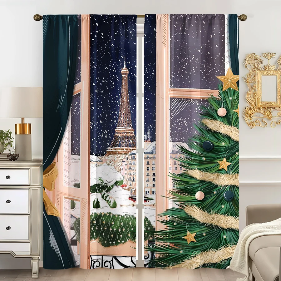 2PCS Christmas Winter Curtains, Eiffel Tower Snow, Digital Print, Bedroom Living Room Kitchen, Rod Pocket Polyester, Home Decor