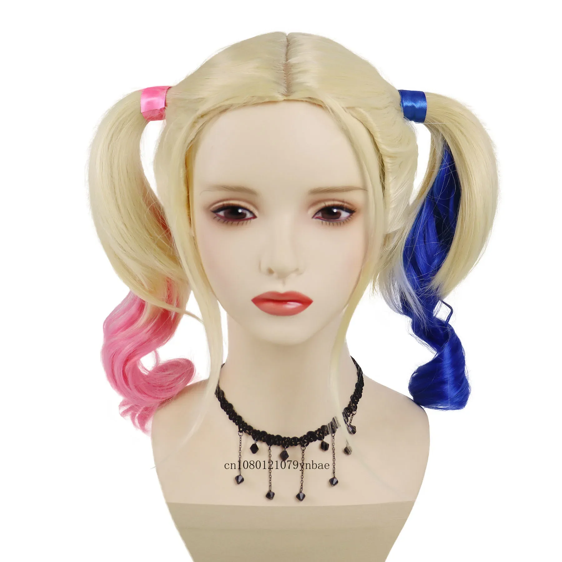 Synthetic Blonde Mix Pink and Blue Short Curly Wigs for Women Anime Cosplay Wig with Two Ponytails Halloween Costume Party Use