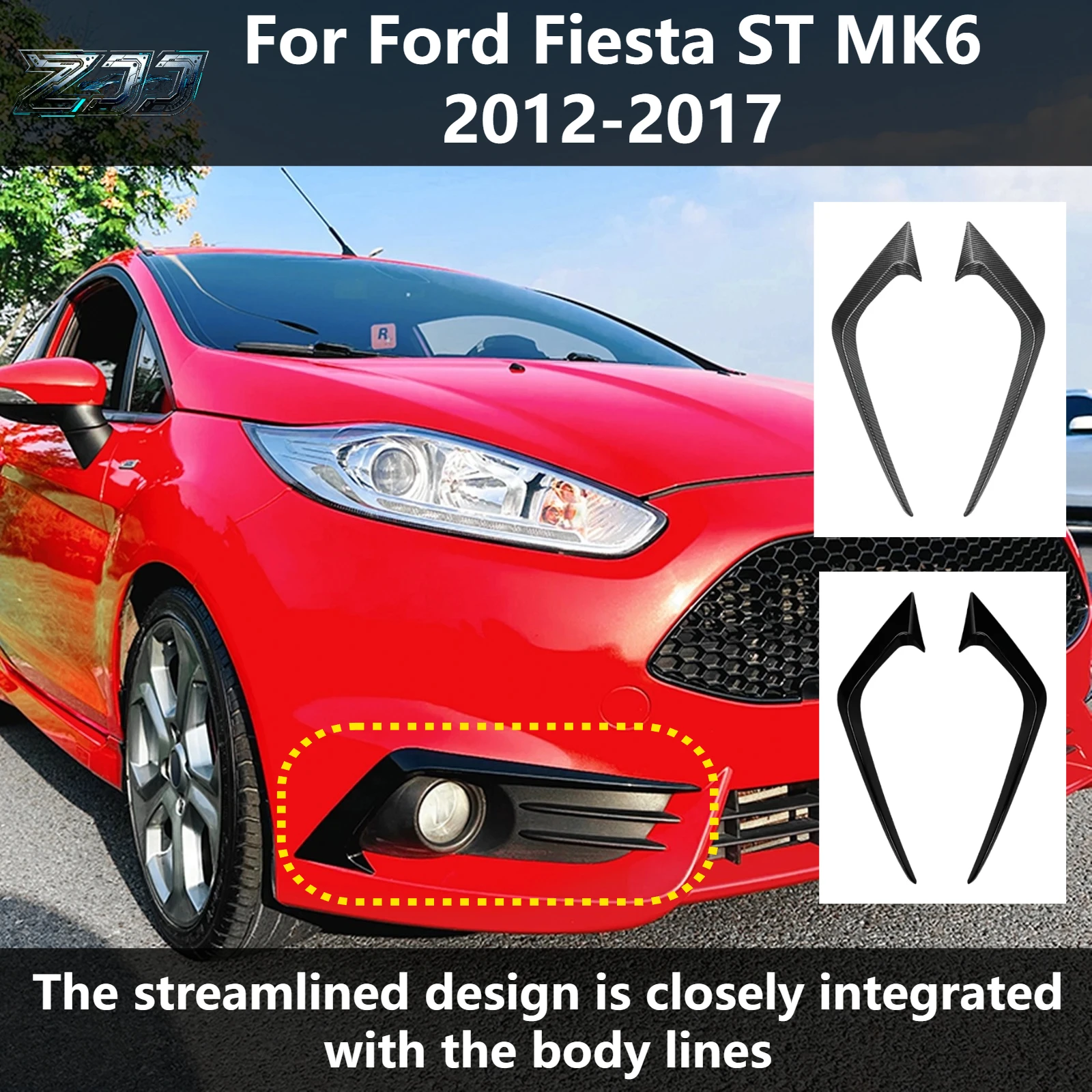 

For Ford Fiesta ST MK6 2012-2017 Front Bumper Side Air Vent Trim Cover Carbon Fiber Look/Gloss Black Splitter Canard