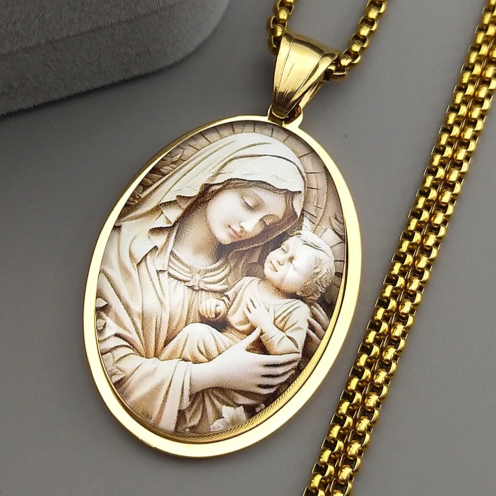 Virgen María Hold bebé Jesús medalla de cristal colgante collar mujeres hombres Acero inoxidable madre católica María amuleto cadena joyería