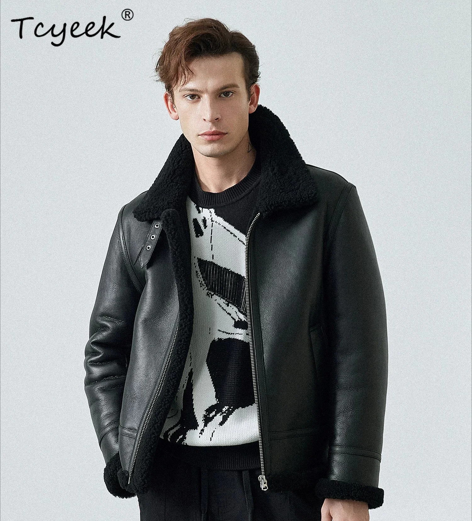 Tcyeek Natural Merino Sheep Fur Coat Men Warm Real Fur Mens Coats Vintage Motorcycle Winter Clothes Real Leather Jacket Thicken