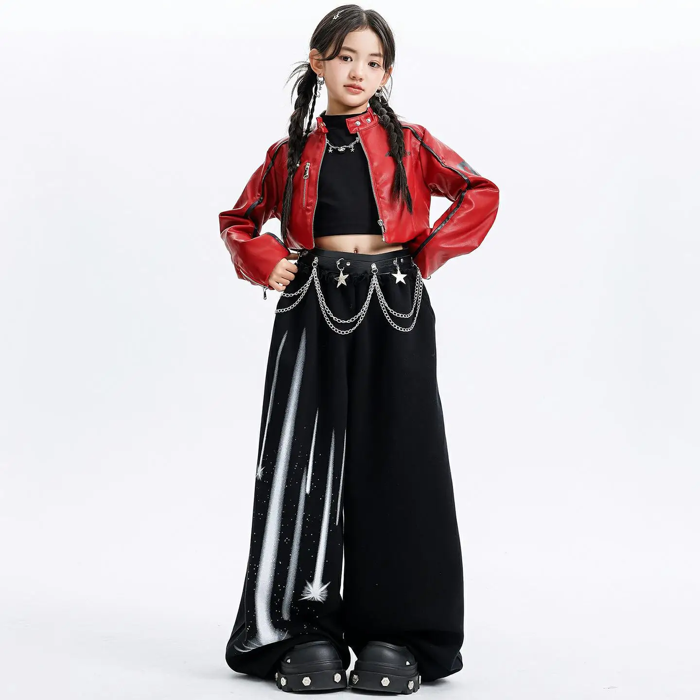 

Детская одежда в стиле хип-хоп Kpop, красная укороченная куртка на молнии из искусственной кожи, топ, черные спортивные штаны Street Meteor для девочек, танцевальный костюм, одежда
