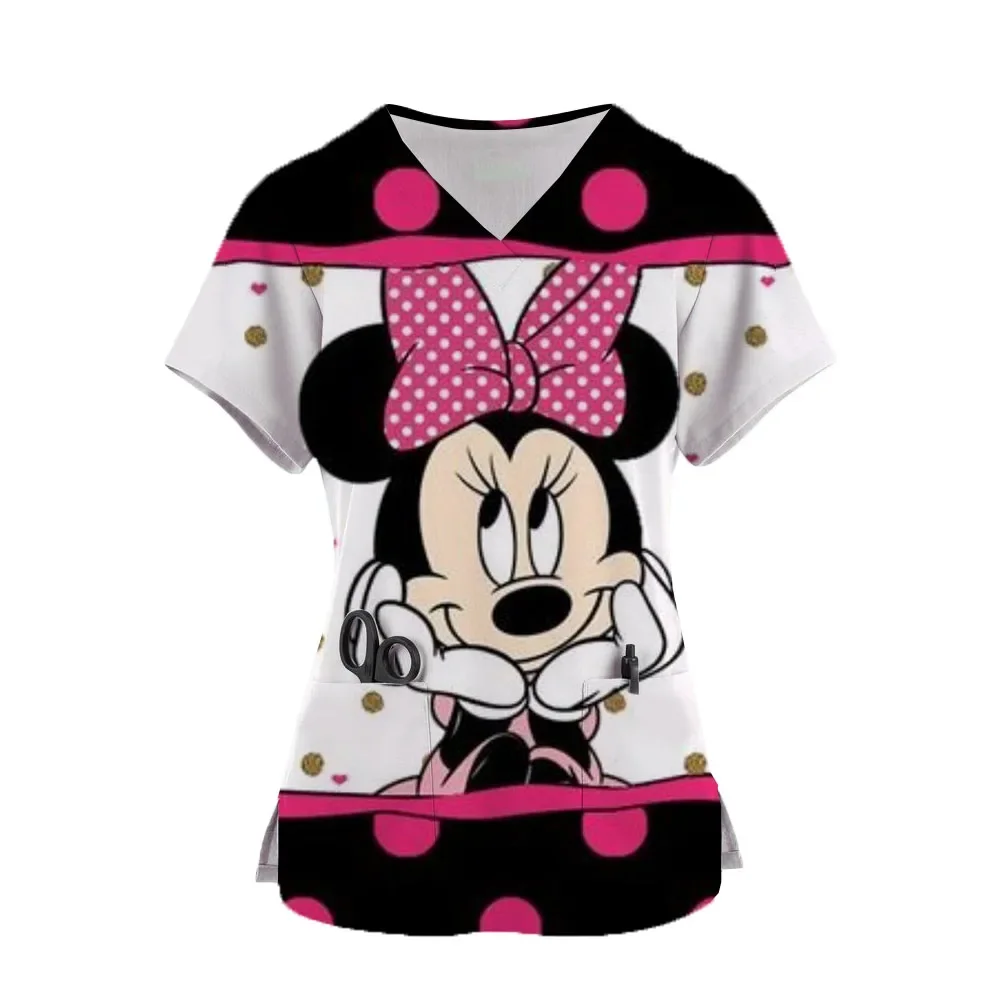 

Summer Nurse Uniform Disney Mickey Mouse Print Pattern Dentist Beauty Salon Pet Shop Work Clothing V Neck Pocket T-Shirt Tops