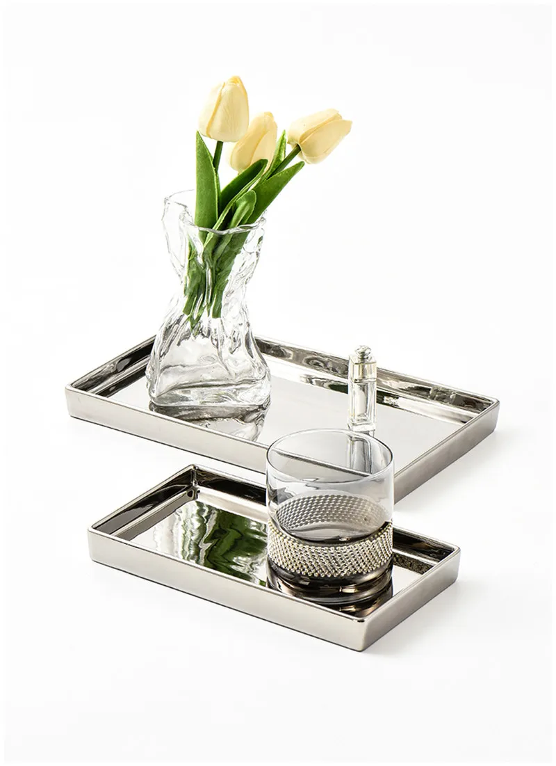 Nordic Electroplated Silver-plated Mirror Glass Tray Prostokątna taca do przechowywania biżuterii Taca do dekoracji domu Talerze na przekąski