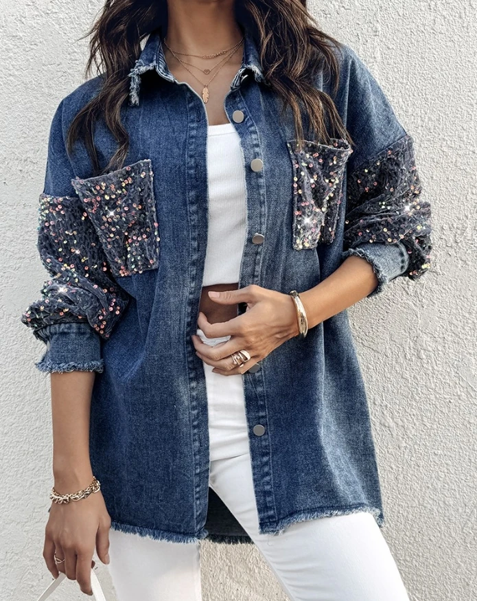 Flip collar contrast sequin long sleeved tassel hem denim jacket women's fashionable casual jacket autumn and winter new style