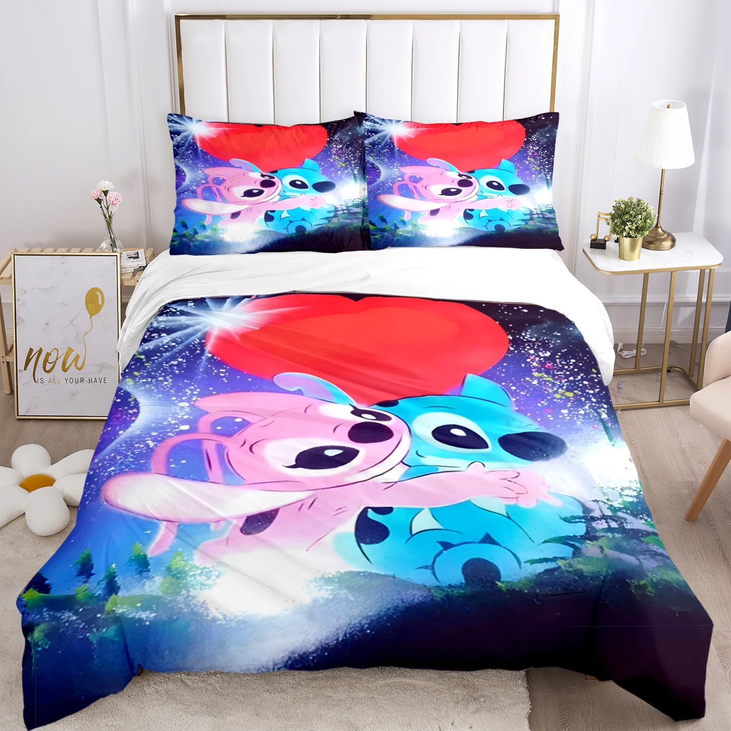 Disney-Parure de lit imprimée Stitch pour enfants et adultes, dessin animé mignon, article de mode, lit, housses de couette, taies d'oreiller, 3 pièces