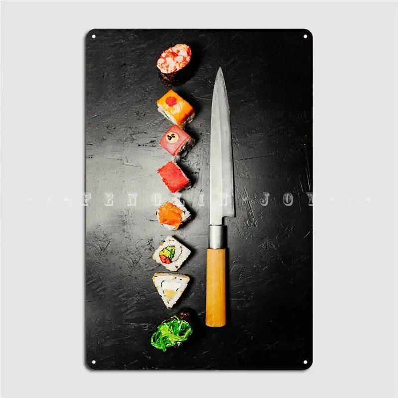 Sushi With Knife Metal Sign Wall Mural Bar Cave Retro Plates Tin Sign Poster