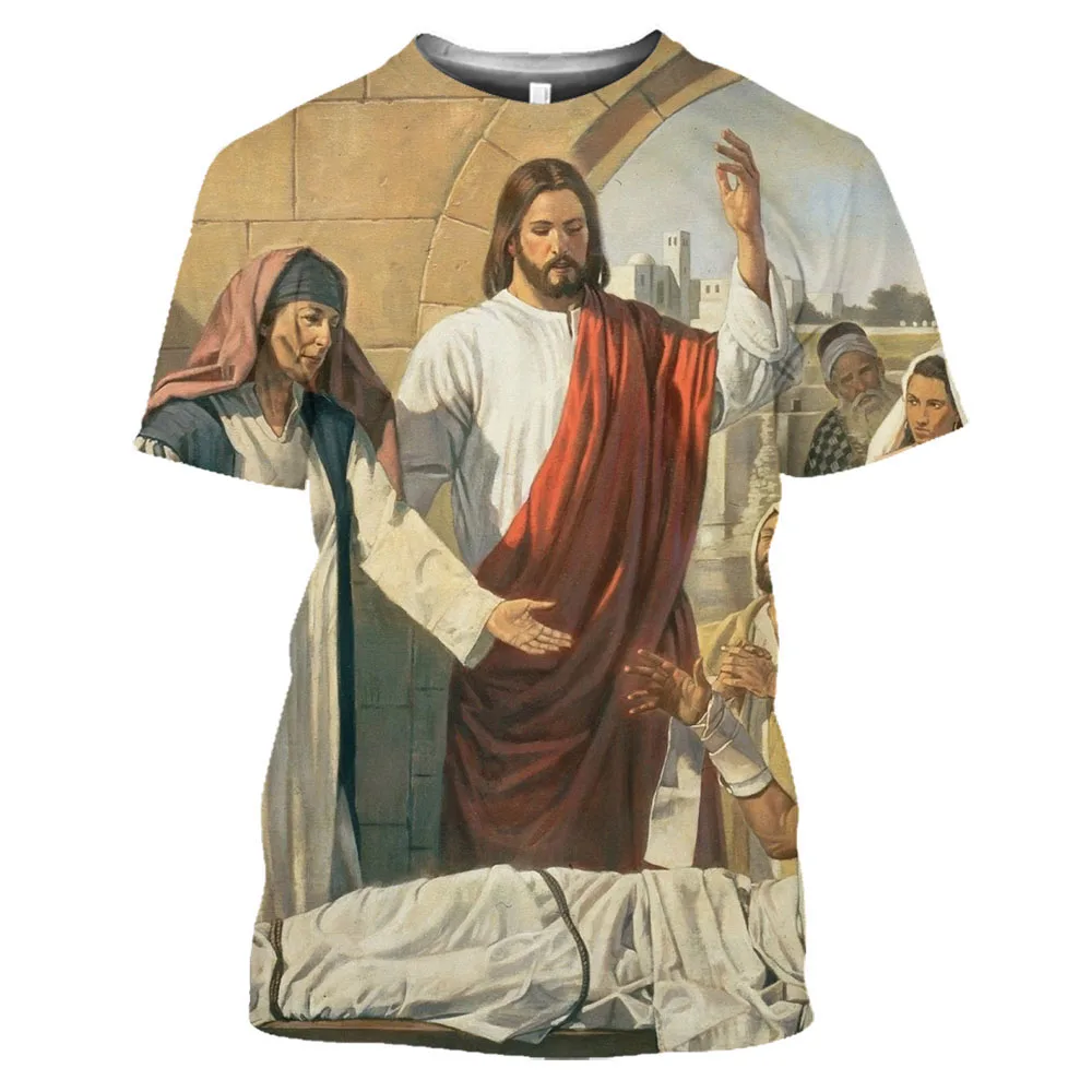 Camisetas con estampado 3D de Jesús para hombre, ropa de manga corta, informal, de gran tamaño, con cuello redondo