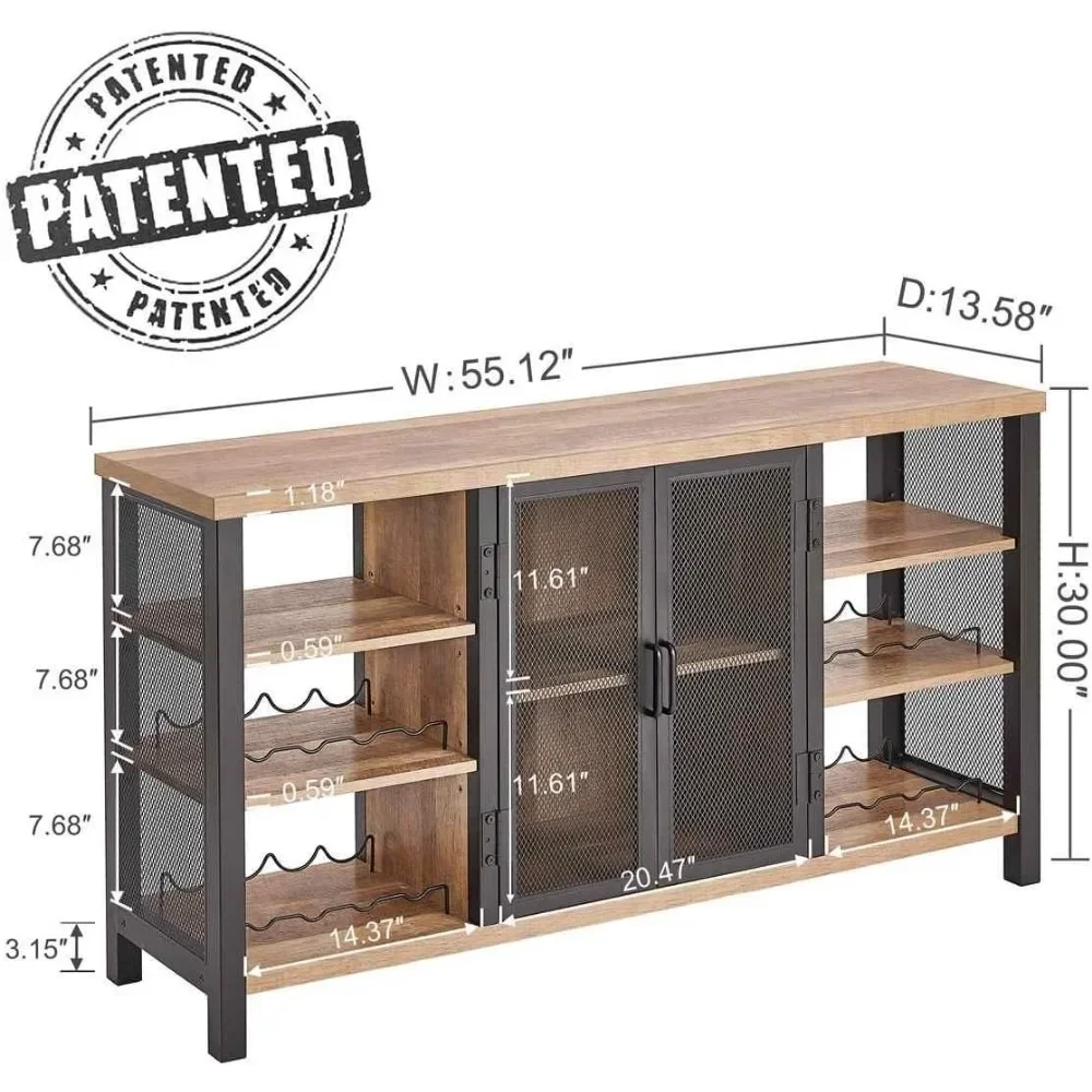 Armário industrial de bar de vinho para licores e copos, armário de café de madeira de fazenda com rack de vinho, aparador de metal e buffet