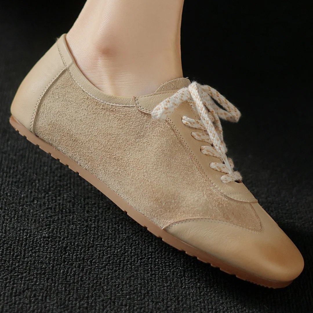 Women\'s genuine leather patchwork lace-up flats sneakers leisure high quality soft comfortable daily walking shoes for woman hot