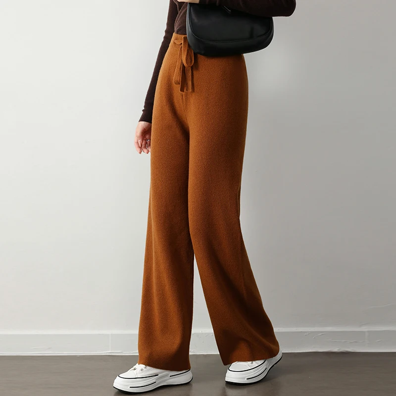 Autumn and Winter New 2024 Cashmere Knitted Loose Women's Wide Leg Pants Solid Color Casual Women's 100 Wool Long Wide Leg Pants