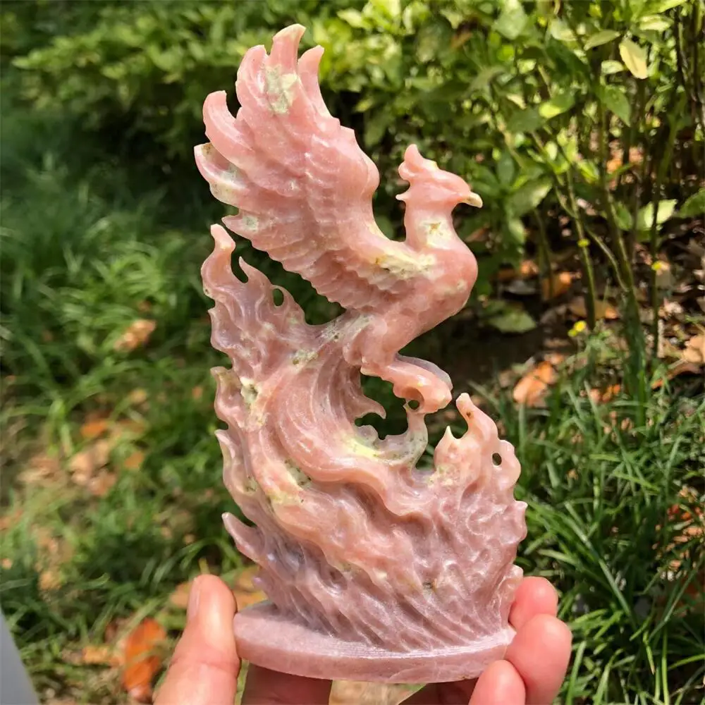 Natural Quartz Peony Tourmaline Phoenix Animal Statue Carving Energy Healing Polished Mineral Home Decor Ornament Figurine