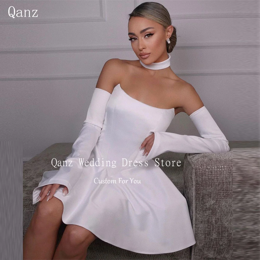 

Qanz High Quality Short Wedding Dress Soft Satin Long Sleeves Party Dresses for Women Mini Above Knee A Line Robe De Mariée