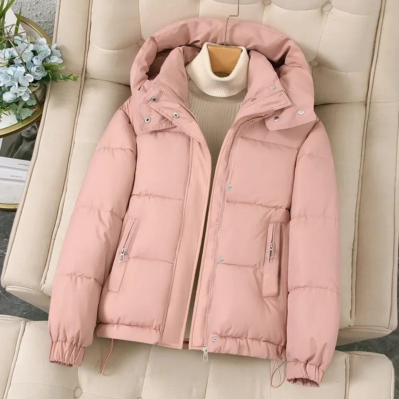 

Women Hooded Parkas Coats Solid Short Jacket Drawstring Zipper Pocket Long Sleeve Thick Loose Fit Office Lady Casual 2025 Winter