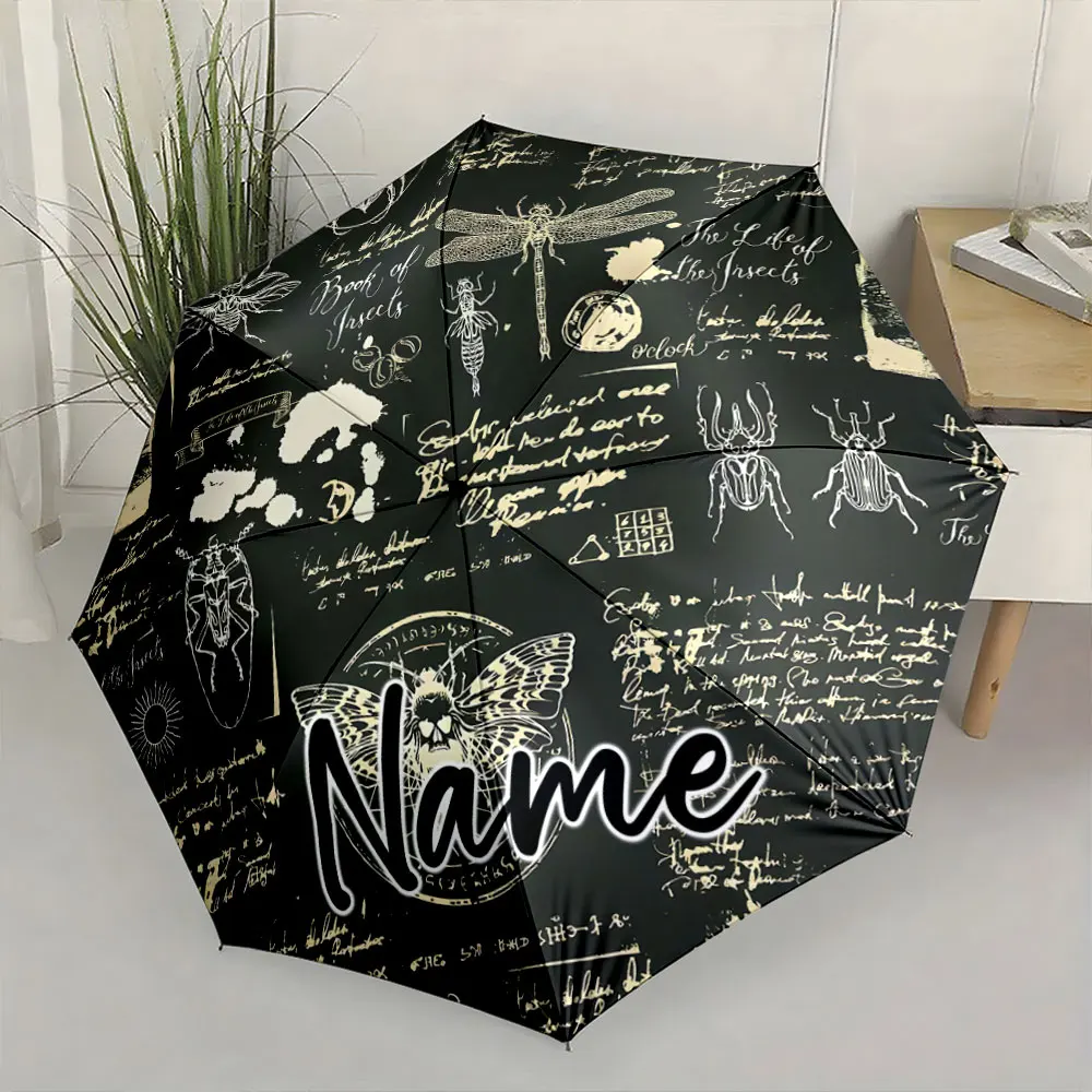 Custom Name Insect-Themed Black Umbrella with Unique Graphics Print 8 Iron Ribs Folding Umbrella Auto-Open Fashion Sunshade