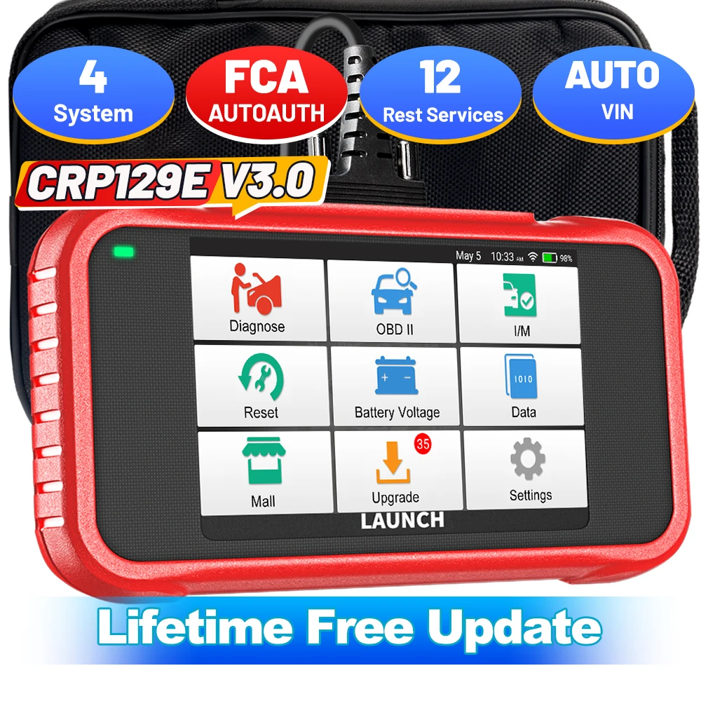 LAUNCH CRP129E V3.0 Scanner OBD2 pour voiture, 4 systèmes (Moteur, ABS, SRS, AT), 12 fonctions de réinitialisation (Huile/EPB/TPMS/BMS/Codage injecteurs), purge ABS, FCA Auto VIN