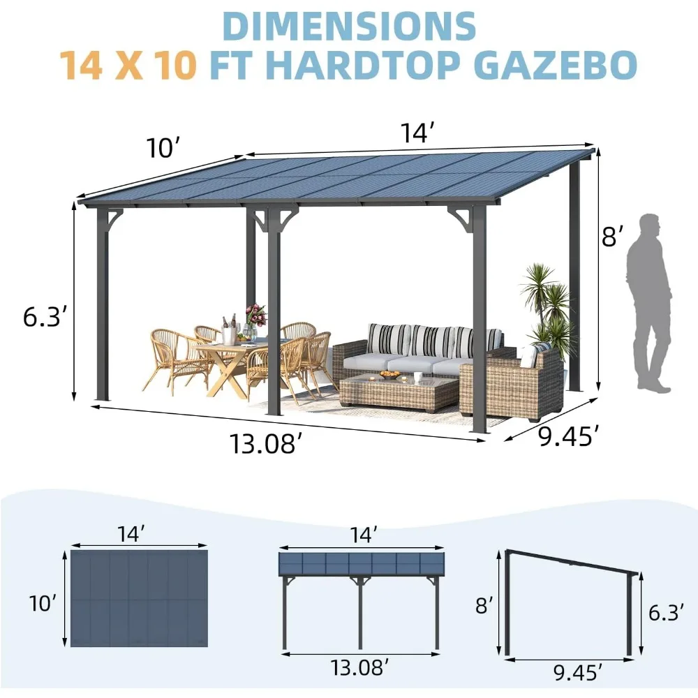 Imagem -02 - Gazebo de 14 x 10 para Pátio Pérgula Dura Superior Magro para Gazebo com Telhado 140 Pés Quadrados Sombreados Grandes Toldos Resistentes Montados na Parede