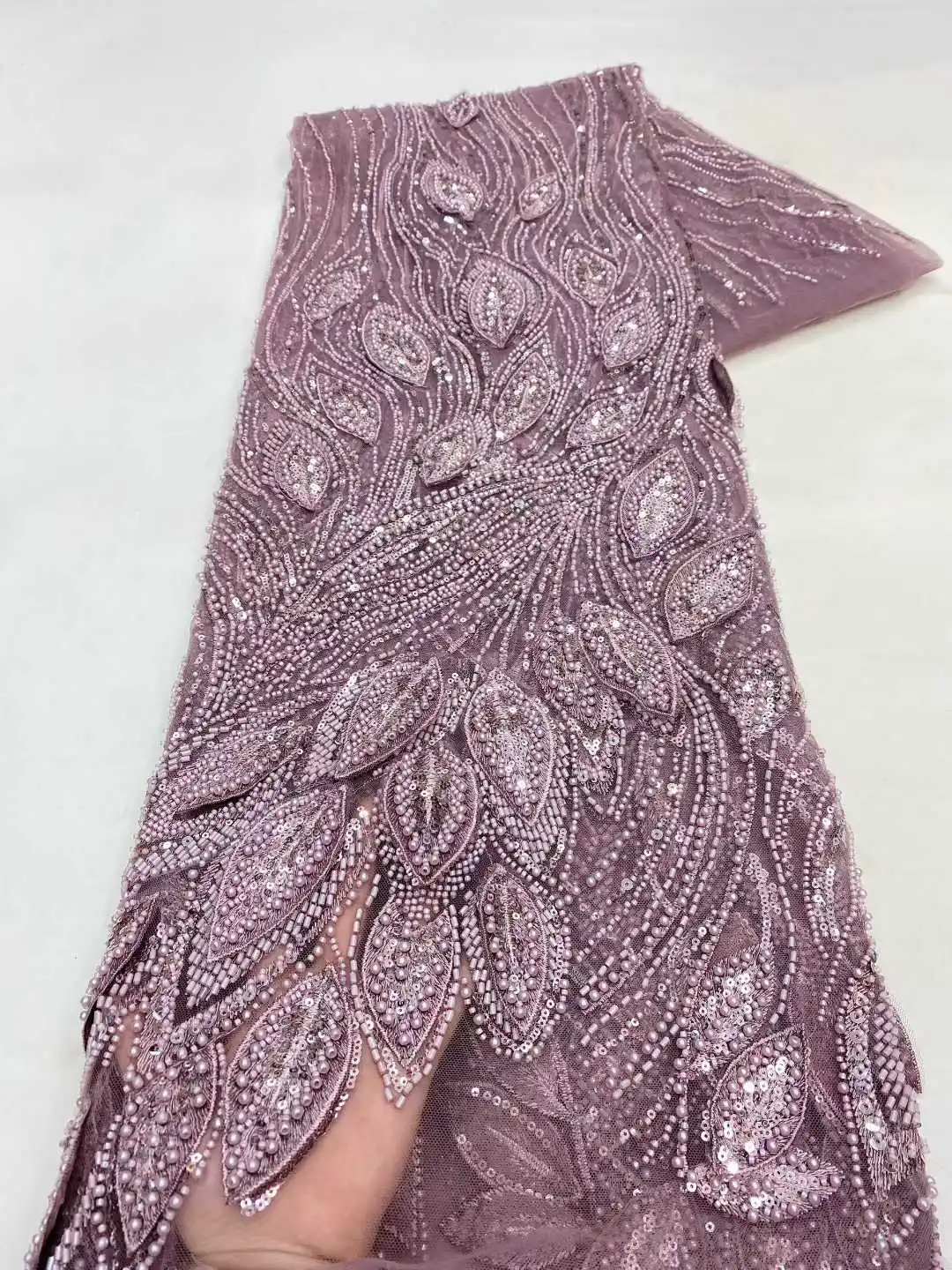 

African Heavy Beaded Lace Fabric 2026 High Quality Nigerian Sequin Pearl Lace French Tulle Fabric For Wedding Party Dress Sewing