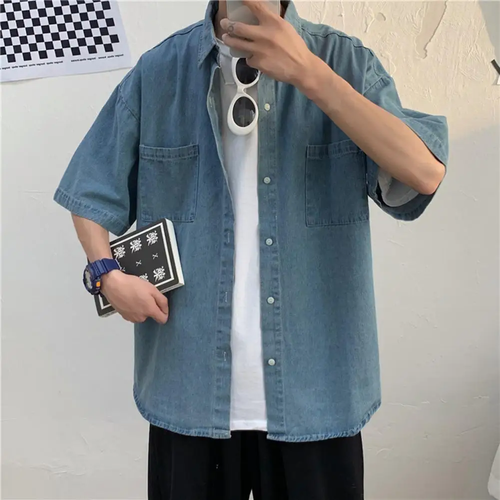 Blue Denim Short Sleeve Shirts Men Summer Thin Korean Fashion Top Vintage Oversize Baggy Cardigan Blouses Casual Man Clothes