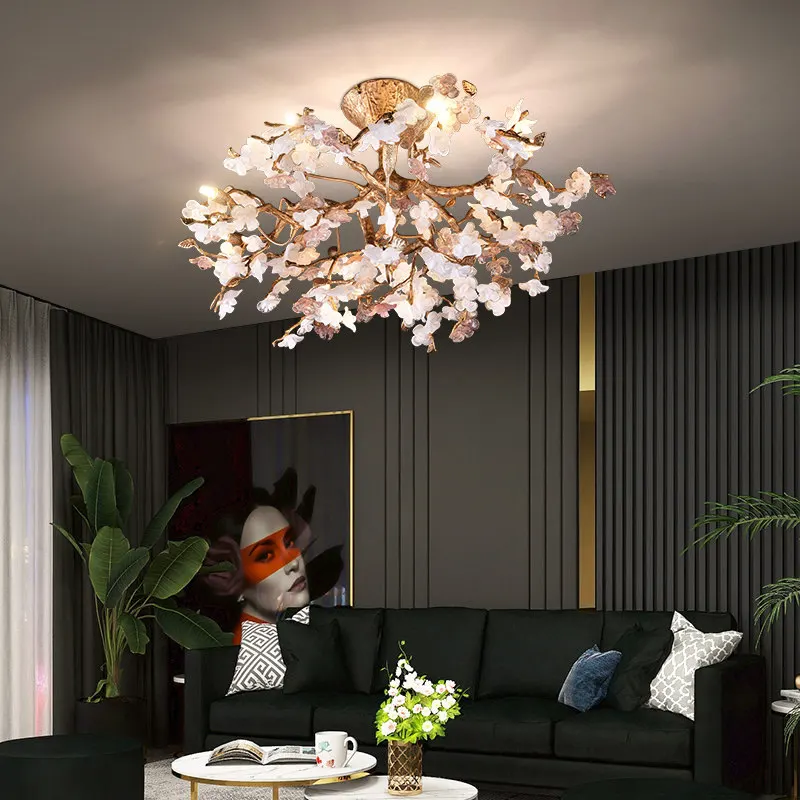 

Nordic Romantic Bedroom, Living Room, Home Decoration, Pendant Light, Pink Flower, Copper Branch Design, Art Ceiling Light