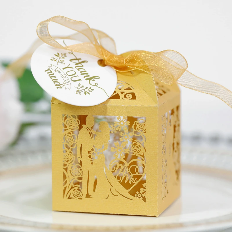 25/50pcs Candy Packaging Boxes for Wedding Valentine\'s Day Bride Groom Gift Box with Ribbons Thank You Tag Party Decor Wholesale