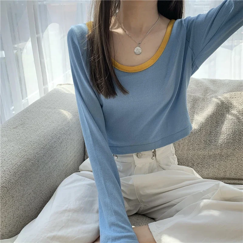 5 Colors Pullovers Women Panelled O-neck Baggy Sun-proof Casual Crop Korean Style Spring Inner Streetwear All-match Chic Knitted